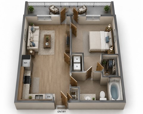 Floor plan for 1 bed, 1 bath, 607 sqft